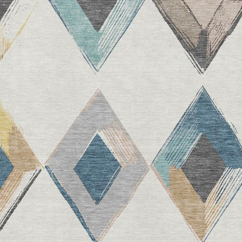 9' X 12' Ivory Blue And Gold Geometric Washable Area Rug With UV Protection