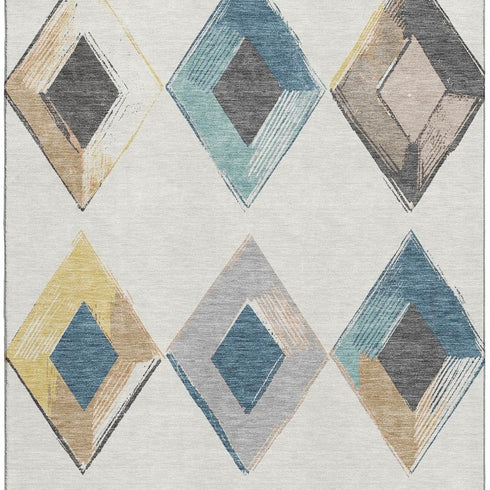 9' X 12' Ivory Blue And Gold Geometric Washable Area Rug With UV Protection