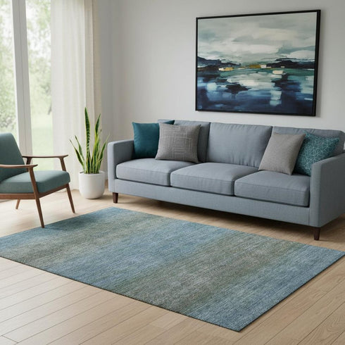 5' X 8' Blue And Taupe Geometric Washable Area Rug With UV Protection