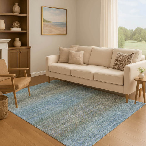 9' X 12' Blue And Taupe Geometric Washable Area Rug With UV Protection