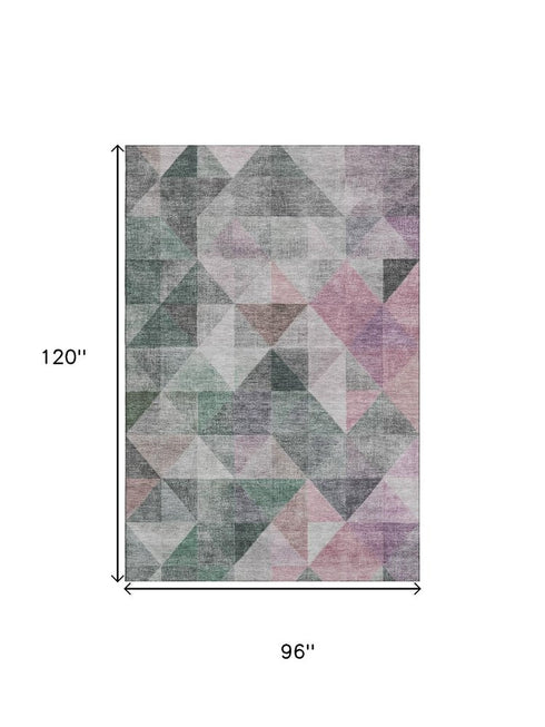 8' X 10' Blush Green And Ivory Geometric Washable Area Rug With UV Protection