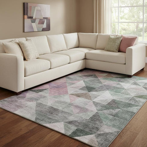8' X 10' Blush Green And Ivory Geometric Washable Area Rug With UV Protection