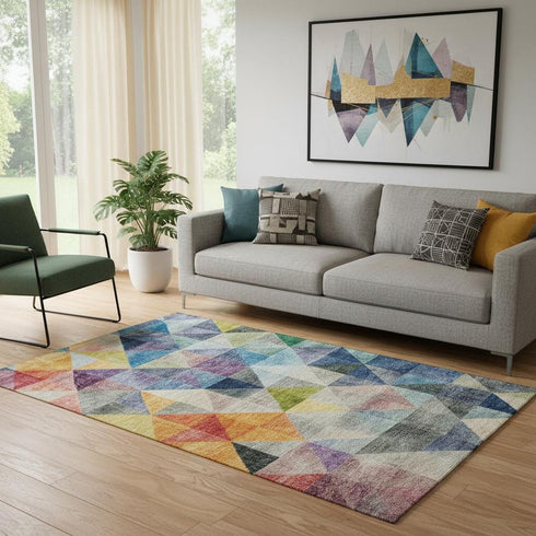5' X 8' Beige Blue And Orange Geometric Washable Area Rug With UV Protection