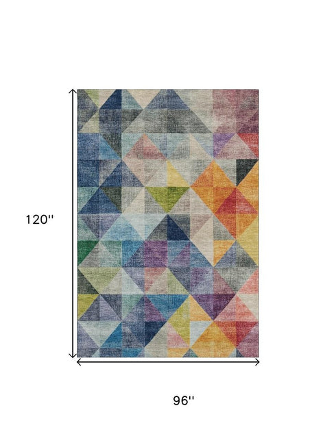 8' X 10' Beige Blue And Orange Geometric Washable Area Rug With UV Protection