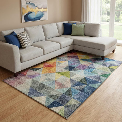 8' X 10' Beige Blue And Orange Geometric Washable Area Rug With UV Protection