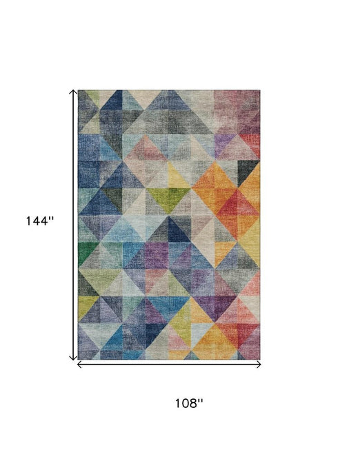 9' X 12' Beige Blue And Orange Geometric Washable Area Rug With UV Protection