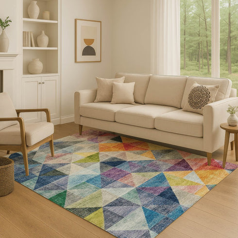 9' X 12' Beige Blue And Orange Geometric Washable Area Rug With UV Protection
