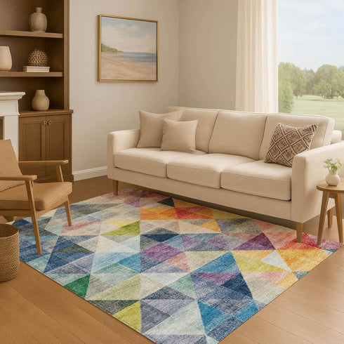 9' X 12' Beige Blue And Orange Geometric Washable Area Rug With UV Protection