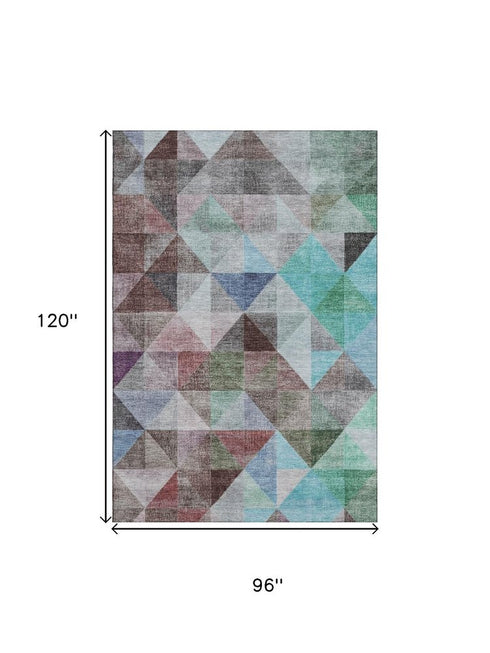 8' X 10' Silver Purple And Blue Geometric Washable Area Rug With UV Protection
