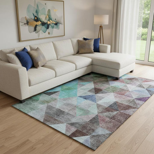 8' X 10' Silver Purple And Blue Geometric Washable Area Rug With UV Protection