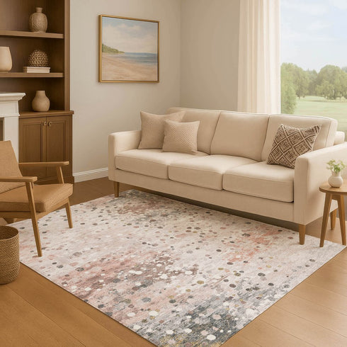 8' X 10' Salmon Ivory And Gray Abstract Washable Area Rug With UV Protection