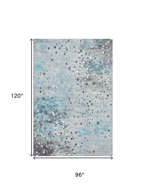 8' X 10' Teal Gray And Ivory Abstract Washable Area Rug With UV Protection