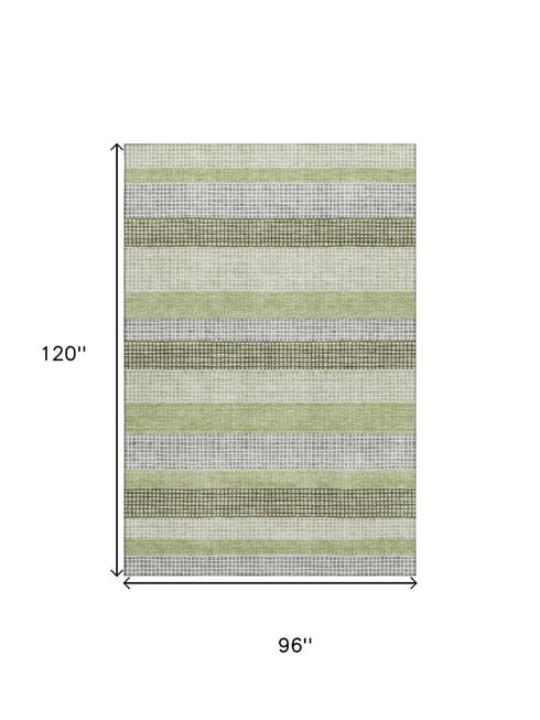 8' X 10' Artichoke Green Ivory And Gray Striped Washable Area Rug With UV Protection
