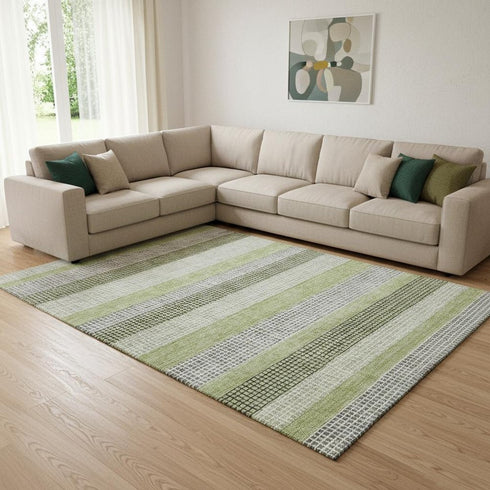 8' X 10' Artichoke Green Ivory And Gray Striped Washable Area Rug With UV Protection