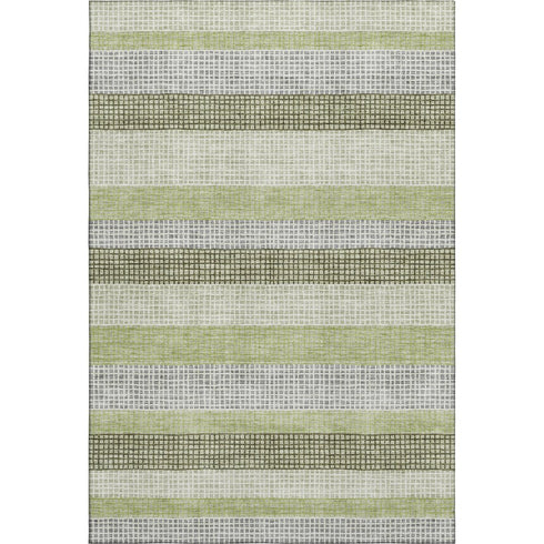 8' X 10' Artichoke Green Ivory And Gray Striped Washable Area Rug With UV Protection