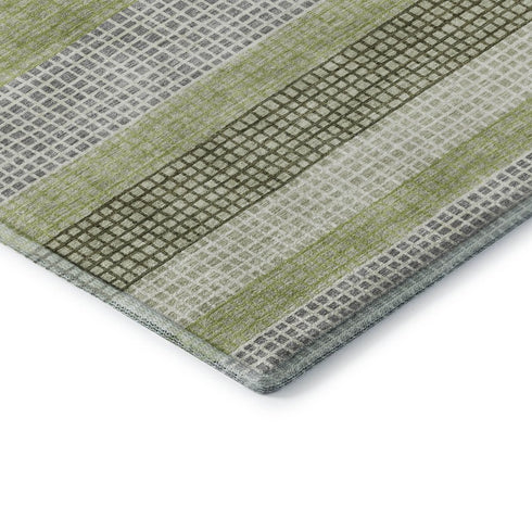 8' X 10' Artichoke Green Ivory And Gray Striped Washable Area Rug With UV Protection
