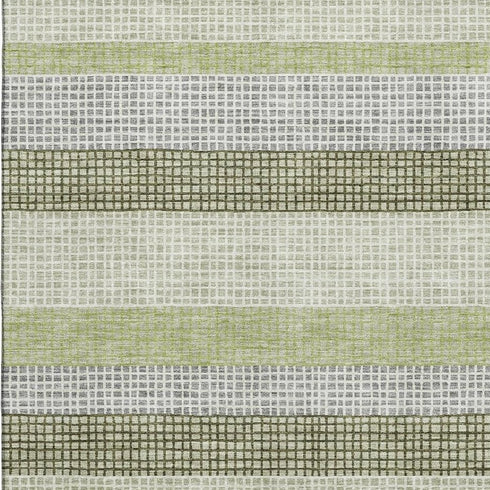 8' X 10' Artichoke Green Ivory And Gray Striped Washable Area Rug With UV Protection