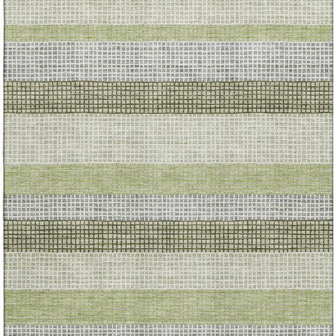 8' X 10' Artichoke Green Ivory And Gray Striped Washable Area Rug With UV Protection