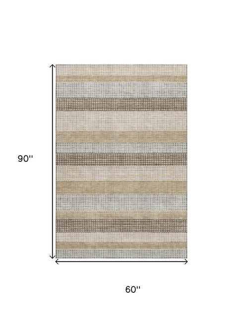 5' X 8' Beige Ivory And Chocolate Striped Washable Area Rug With UV Protection