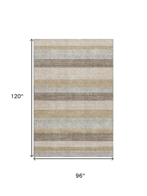 8' X 10' Beige Ivory And Chocolate Striped Washable Area Rug With UV Protection