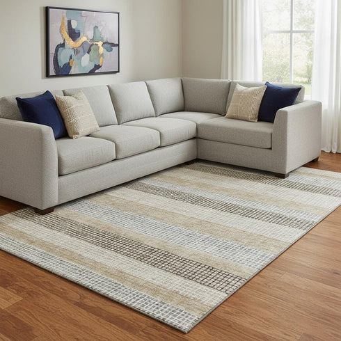 8' X 10' Beige Ivory And Chocolate Striped Washable Area Rug With UV Protection