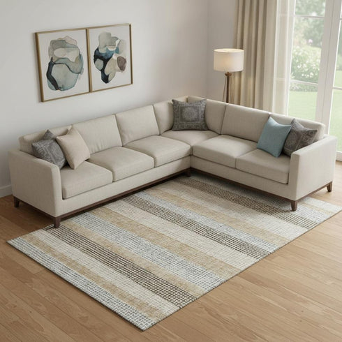 9' X 12' Beige Ivory And Chocolate Striped Washable Area Rug With UV Protection