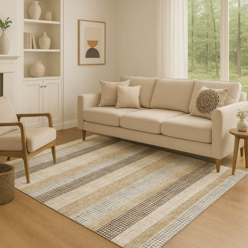 9' X 12' Beige Ivory And Chocolate Striped Washable Area Rug With UV Protection