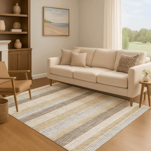 9' X 12' Beige Ivory And Chocolate Striped Washable Area Rug With UV Protection