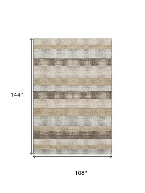 9' X 12' Beige Ivory And Chocolate Striped Washable Area Rug With UV Protection