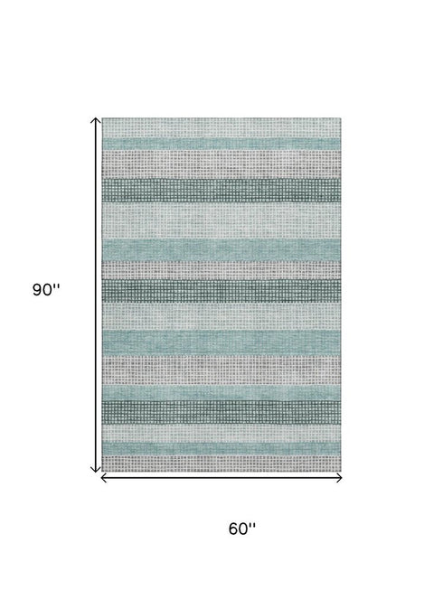 5' X 8' Teal Ivory And Gray Striped Washable Area Rug With UV Protection