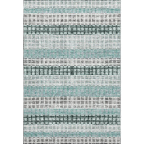 5' X 8' Teal Ivory And Gray Striped Washable Area Rug With UV Protection