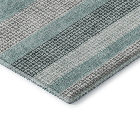 5' X 8' Teal Ivory And Gray Striped Washable Area Rug With UV Protection