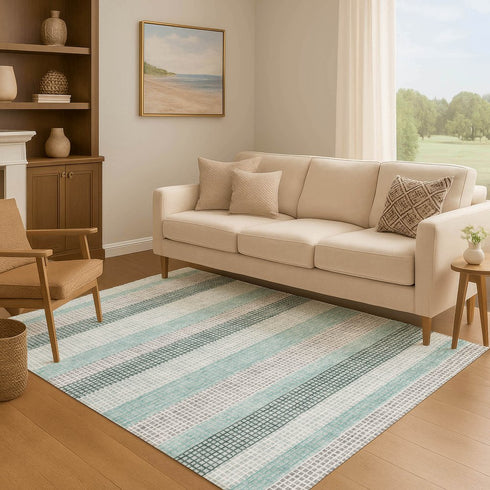 5' X 8' Teal Ivory And Gray Striped Washable Area Rug With UV Protection