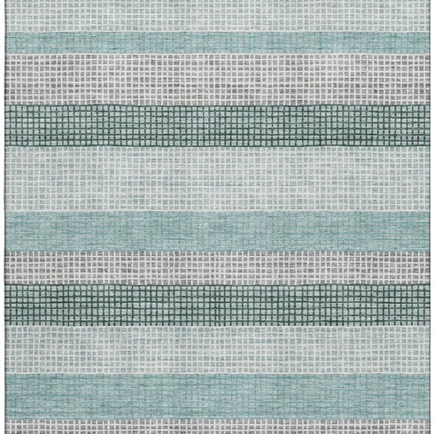 5' X 8' Teal Ivory And Gray Striped Washable Area Rug With UV Protection