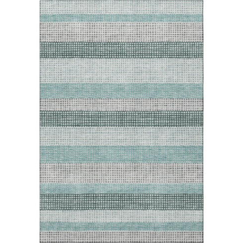 5' X 8' Teal Ivory And Gray Striped Washable Area Rug With UV Protection