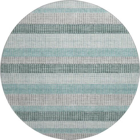 8' Teal Ivory And Gray Striped Washable Round Rug With UV Protection