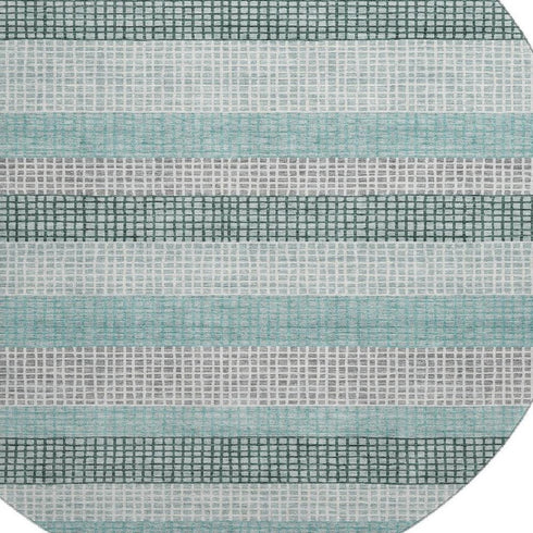 8' Teal Ivory And Gray Striped Washable Round Rug With UV Protection