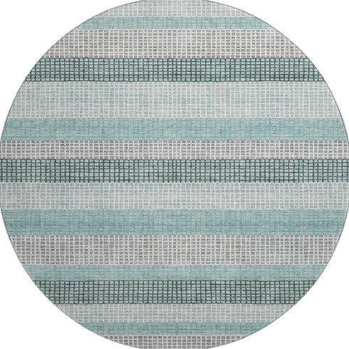 8' Teal Ivory And Gray Striped Washable Round Rug With UV Protection