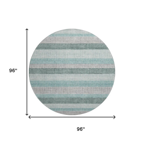 8' Teal Ivory And Gray Striped Washable Round Rug With UV Protection