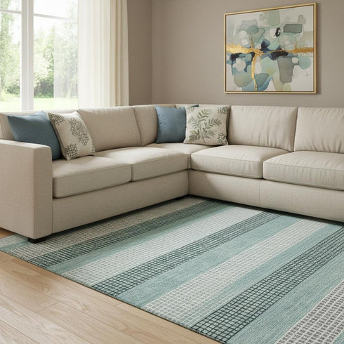 8' X 10' Teal Ivory And Gray Striped Washable Area Rug With UV Protection