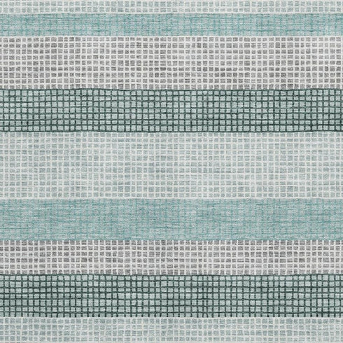 8' X 10' Teal Ivory And Gray Striped Washable Area Rug With UV Protection