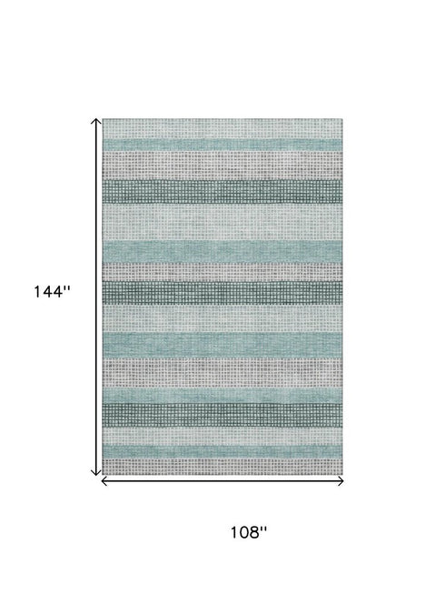 9' X 12' Teal Ivory And Gray Striped Washable Area Rug With UV Protection