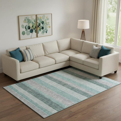 9' X 12' Teal Ivory And Gray Striped Washable Area Rug With UV Protection