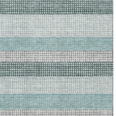 9' X 12' Teal Ivory And Gray Striped Washable Area Rug With UV Protection