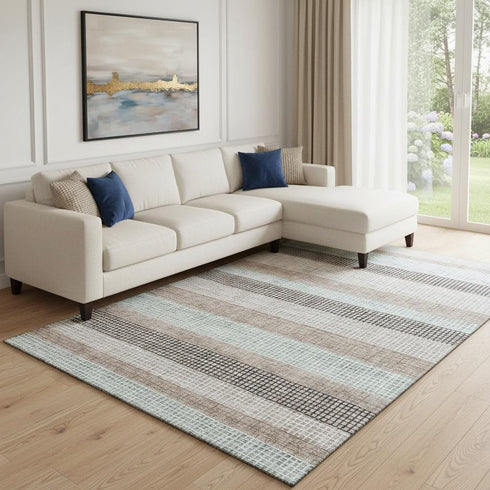 8' X 10' Taupe Ivory And Brown Striped Washable Area Rug With UV Protection