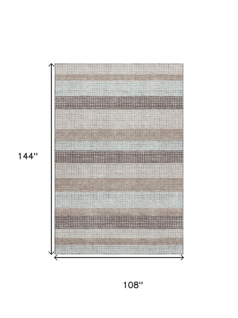 9' X 12' Taupe Ivory And Brown Striped Washable Area Rug With UV Protection