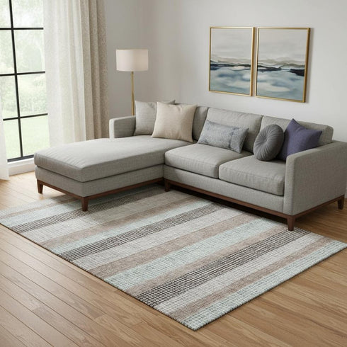 9' X 12' Taupe Ivory And Brown Striped Washable Area Rug With UV Protection