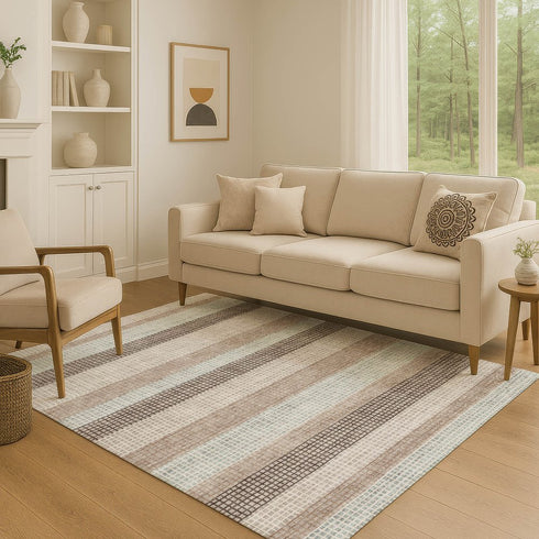 9' X 12' Taupe Ivory And Brown Striped Washable Area Rug With UV Protection