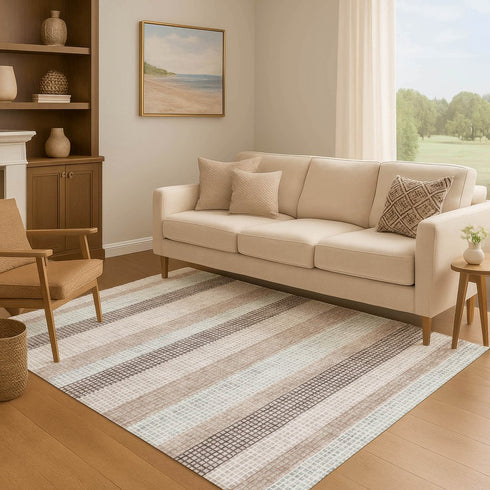9' X 12' Taupe Ivory And Brown Striped Washable Area Rug With UV Protection