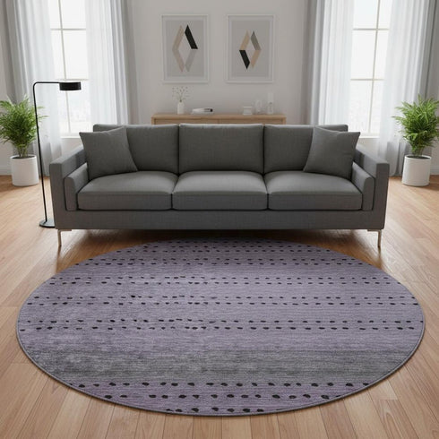 8' Purple Charcoal And Gray Abstract Washable Round Rug With UV Protection